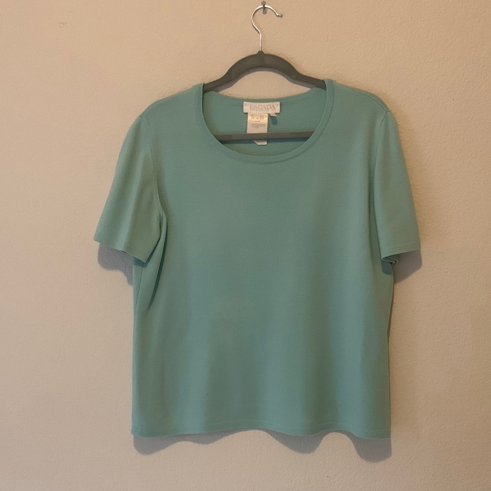 Escada light blue and pearl matching shirt and sweater